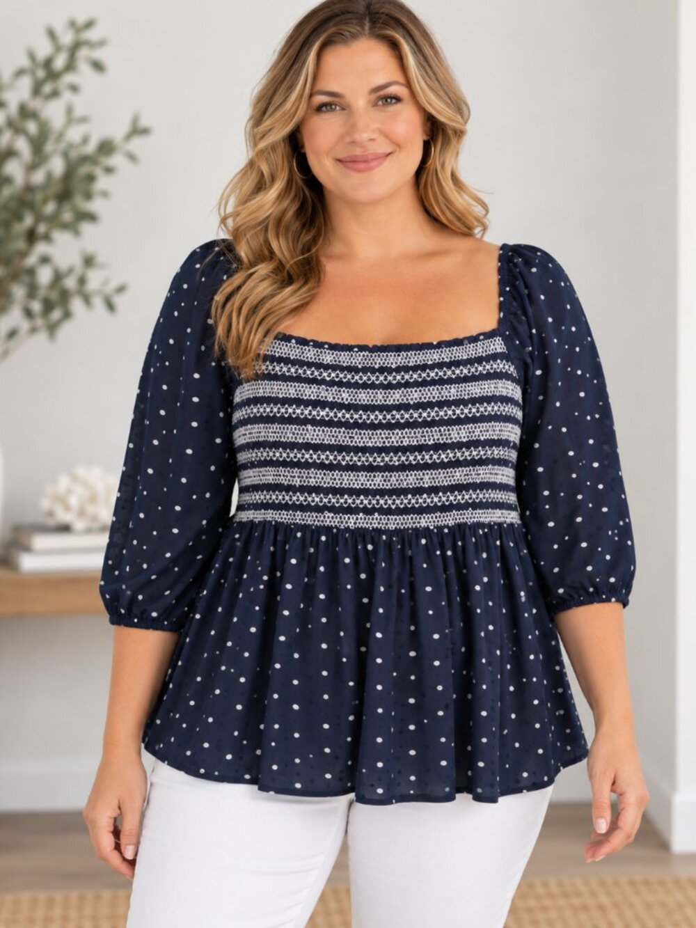 Crown & Ivy XL Navy Swiss Dot Smocked Square Neck Peplum Blouse 3/4 Sleeve Boho